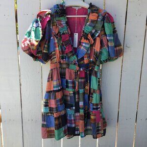NWT Love The Label. Wrap Dress. Medium. Madras Patchwork Print. Made in India.